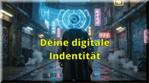 Deinedigitaleindentität2 | Datenschutzsuedwestende | Datenschutzsuedwestende Person in a Dark Coat with a Glowing Holographic Head in a Neon Alley; Text 'deine Digitale Identität' Overlaid. | Datenschutz Südwesten | Datenschutz Südwesten