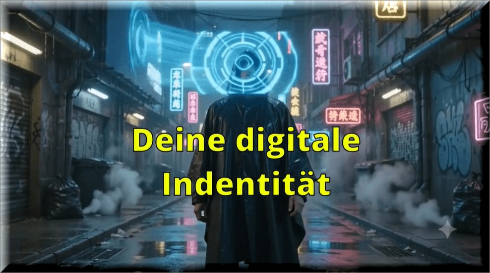 Person in a Dark Coat with a Glowing Holographic Head in a Neon Alley; Text 'deine Digitale Identität' Overlaid. | Datenschutz Südwesten | Datenschutz Südwesten
