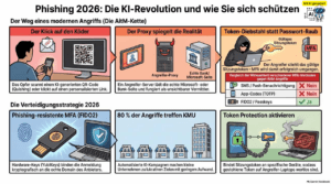 Infografik über Phishing 2026: Drei Angriffswege (klick Auf Köder, Proxy-spiegelung, Token-diebstahl) Und Schutzstrategien. | Datenschutz Südwesten | Datenschutz Südwesten