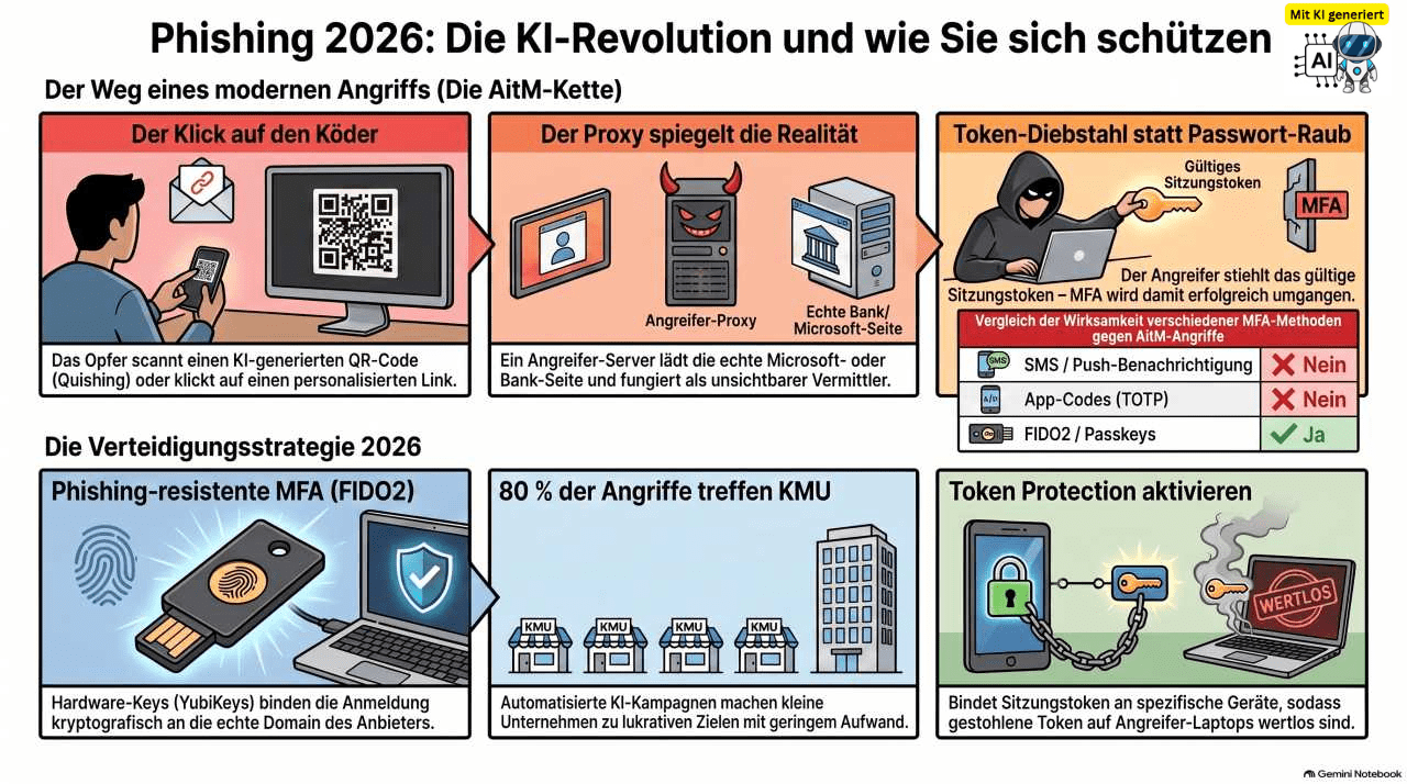 Infografik über Phishing 2026: Drei Angriffswege (klick Auf Köder, Proxy-spiegelung, Token-diebstahl) Und Schutzstrategien. | Datenschutz Südwesten | Datenschutz Südwesten