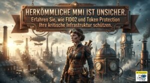 Promotional Steampunk Banner with a Female Adventurer in Front of a Smoky Industrial City; Large German Warning Text Above. | Datenschutz Südwesten | Datenschutz Südwesten