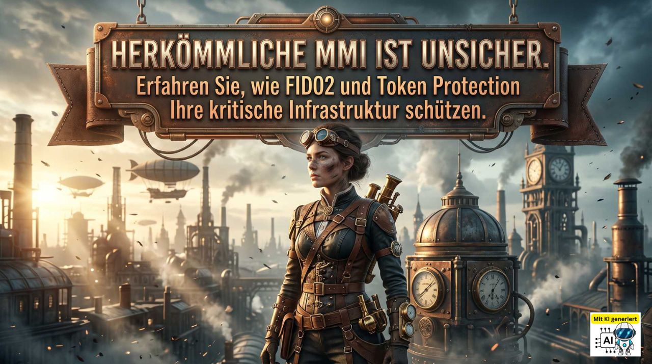 Promotional Steampunk Banner with a Female Adventurer in Front of a Smoky Industrial City; Large German Warning Text Above. | Datenschutz Südwesten | Datenschutz Südwesten