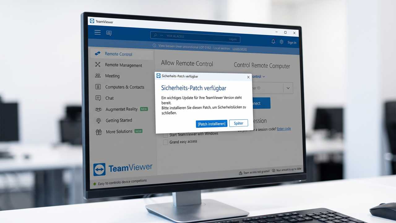 Monitor Shows Teamviewer Remote Access Software with a German Update Dialog About a Security Patch Available. | Datenschutz Südwesten | Datenschutz Südwesten